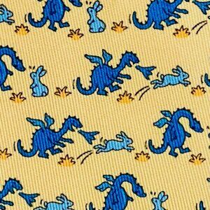 RARE 100% REAL HERMES TIE ~ YELLOW w BLUE FIRE BREATHING DRAGONS BUNNY RABBIT XL